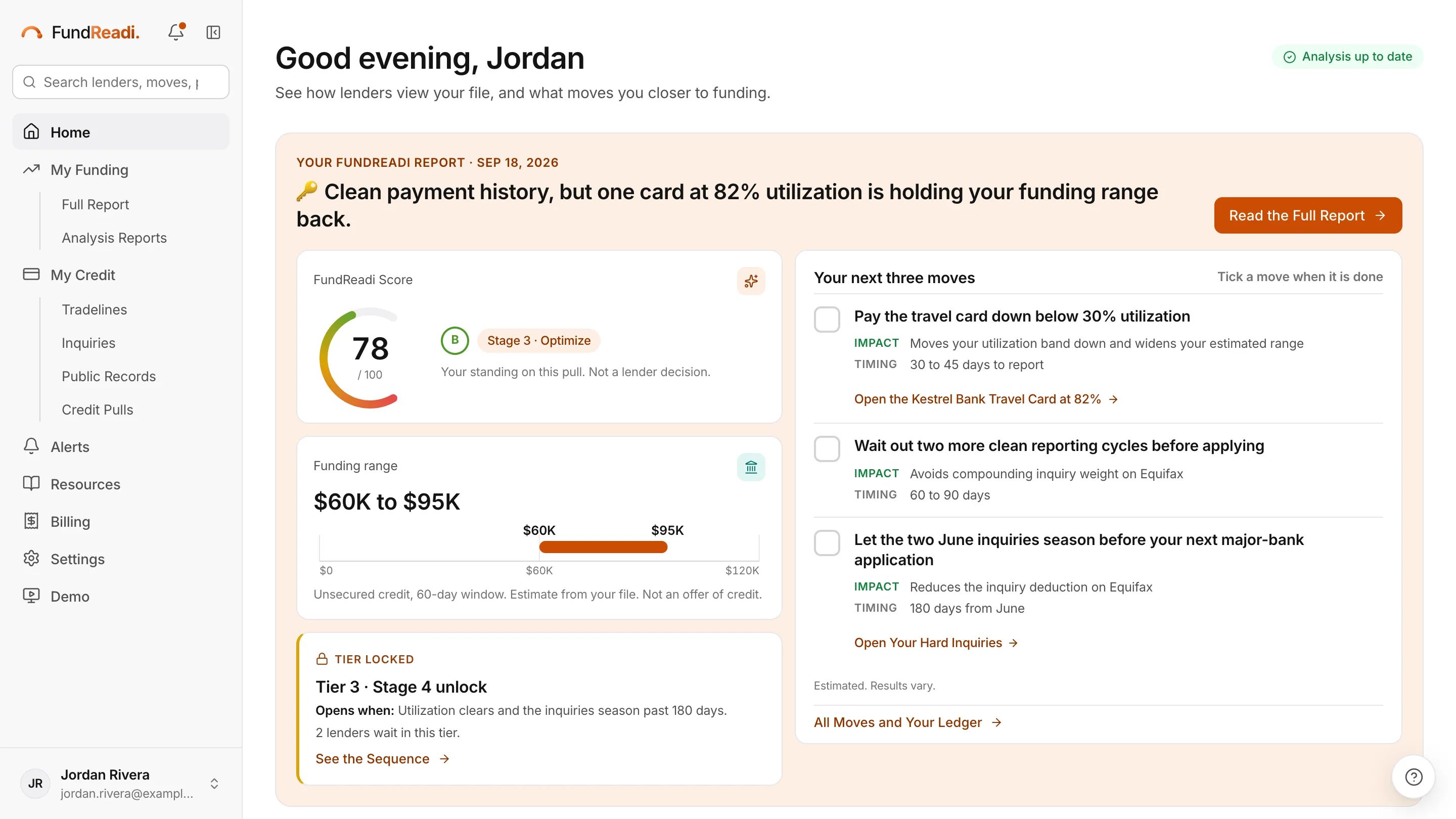 Home in the FundReadi member portal, sample data: Find your way around